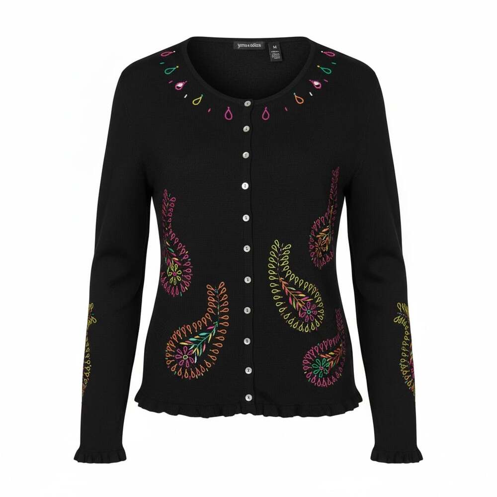 VTG Yarns & Stitches Black Embroidered Paisley Button-Down Cardigan, Size M